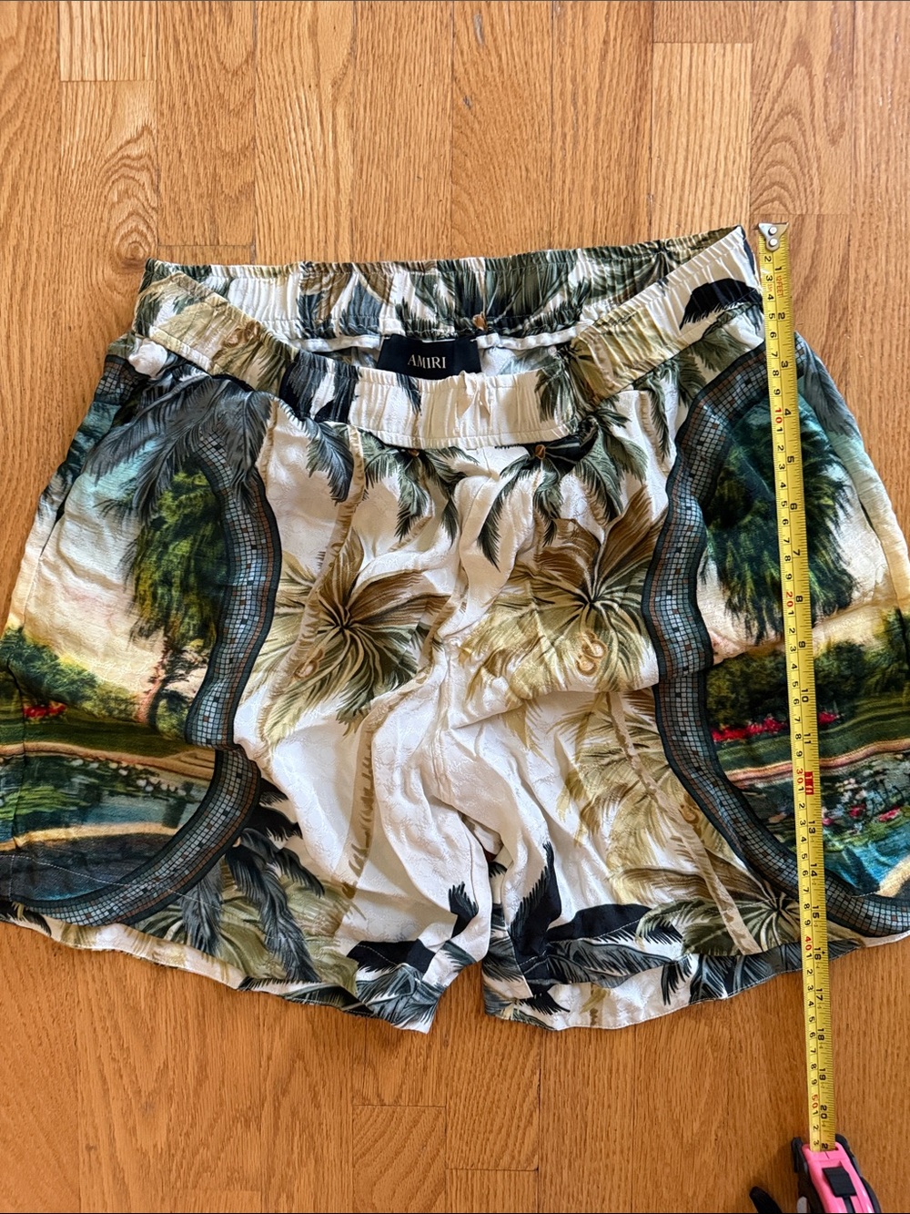 AMIRI Palm-Print Silk Drawstring Shorts in Green & Cream